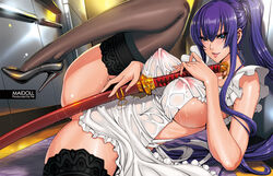 1girls apron blue_eyes breasts censored convenient_censoring crotch_rub erect_nipples fei_(maidoll) female flexible frottage high_heels highschool_of_the_dead huge_breasts impossible_clothes impossible_shirt katana kitchen large_breasts leg_up legs long_hair masturbating_with_weapon masturbation naked_apron nipples payot ponytail purple_hair pussy_juice saeko_busujima see-through shoes sideboob smile solo spread_legs sweat sword thighhighs tied_hair weapon wet wet_clothes