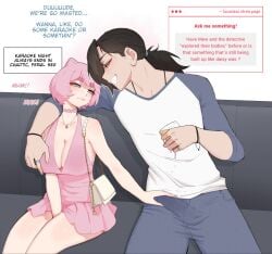 1boy 1girls absurd_res big_breasts black_hair blue_eyes dialogue drinking drunk english_text eye_contact female generation_1_pokemon humanized humanized_pokemon legendary_pokemon long_hair luxurias male mew narrowed_eyes nintendo pink_hair pokegirl pokemon pokemon_(species) ponytail sitting smile speech_bubble text text_box touching_breast touching_bulge vanessa_(luxuriass) yellow_eyes