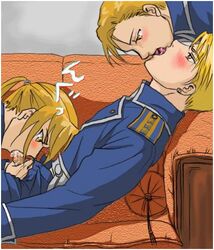 3boys alphonse_elric artist_request blonde_hair cum edward_elric fellatio fullmetal_alchemist gay group_sex jean_havoc kissing lowres male male/male male_only military_uniform multiple_boys oral threesome uniform yaoi