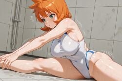 :/ ai_generated alternative_bust_size aqua_eyes armpit_crease armpits bangs bare_arms bare_shoulders blush bodily_fluids breasts cleavage closed_mouth clothing competition_swimsuit covered_navel female female_only flying_sweatdrops green_eyes highleg highleg_swimsuit indoors kasumi_(pokemon) landscape large_breasts misty_(pokemon_hgss) multicolored multicolored_clothes multicolored_swimsuit navel one-piece_swimsuit orange_hair pokemon pokemon_character pokemon_gsc pokemon_hgss pool poolside shiny_skin short_hair shower_(place) sideboob sitting solo split spread_legs stretch sweat swimsuit tank_suit thick_thighs thighs tile_floor tile_wall tiles two-tone_swimsuit water wet white_one-piece_swimsuit white_swimsuit