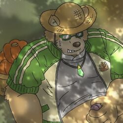 2018 anthro bear belly clothing eyewear food fruit glasses goyemon_k hat male male_only mammal masturbation overweight overweight_male penis pumpkin shirt solo straw_hat tokyo_afterschool_summoners volos