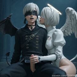 1boy 1girls ai_generated angel angel_girl angel_wings black_blindfold black_visor blindfold bob_cut breasts choker cum cumshot cyw548 demon demon_boy demon_tail demon_wings ejaculation female hairband halo handjob leotard licking light-skinned_female light-skinned_male light_skin male nier:_automata nier_(series) nipples_visible_through_clothing open_mouth puffy_sleeves short_hair tagme video visor white_blindfold white_hair white_hairband white_leotard yorha_2b yorha_9s