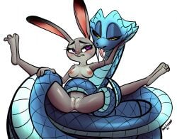 2025 anthro anus areola ass bedroom_eyes black_tipped_ears blue_body blue_scales blush bondage breasts clenched_teeth coiling colored digital_drawing_(artwork) digital_media_(artwork) disney duo european_rabbit eyebrows eyelashes fangs female feral fur gary_de'snake genitals grey_body grey_fur half-closed_eyes hi_res holy-sorrows imminent_sex judy_hopps lagomorph leporid looking_at_another male mammal multicolored_body multicolored_fur narrowed_eyes navel nervous nipples nude oryctolagus pink_areola pink_nipples pink_nose pit_viper purple_eyes rabbit reptile restrained scales scalie seductive simple_background snake spread_legs spreading teeth tongue tongue_out two_tone_body two_tone_fur viper vulva white_background white_body white_fur white_sclera wrapped_around yellow_sclera zootopia