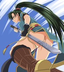 1girls ass belowgreen boots female female_only fire_emblem fire_emblem:_the_blazing_blade green_eyes green_hair human long_hair lyn_(fire_emblem) lyndis_(fire_emblem) photoshop ponytail pussy scabbard sheathed_weapon shunzou sword tied_hair toony uncensored unsheathing upskirt weapon