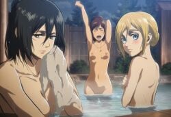 3girls accurate_art_style ai_generated anime_style attack_on_titan bathing bathing_together big_breasts blonde_hair breast_focus breast_size_difference breasts completely_nude completely_nude_female curvaceous curvy curvy_figure female female_focus female_only historia_reiss high_resolution hot_spring light-skinned_female light_skin lipstick long_hair mikasa_ackerman multiple_girls nude nude_female onsen outdoors partially_submerged relaxing sasha_braus shingeki_no_kyojin shared_bathing short_hair sitting steam take_your_pick teen teenage_girl teenager toshraka310 upper_body voluptuous water