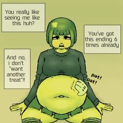 1girls annoyed annoyed_expression belly belly_expansion big_ass big_belly clothed fat fat_ass feederism female floating_hands green_hair implied_death large_belly patting_belly puffed_cheeks skirt stuffing t-gotchi