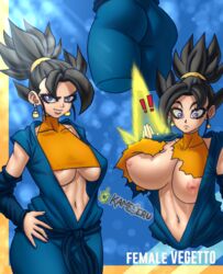 1girls areola areolae ass assisted_exposure big_breasts black_hair clothing dat_ass dougi dragon_ball dragon_ball_super earrings exposed_breasts female female_vegito fusion genderswap_(mtf) kameseru mature mature_woman potara_earrings revealing_clothes ripped_clothing rule_63 saiyan shocked underboob vegito