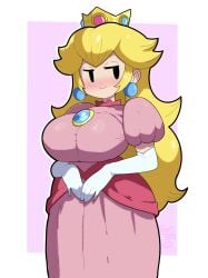 1girls alternate_breast_size aroused blonde_hair blush busty clothing dress earrings female fruitheadart gloves healerart huge_breasts jewelry long_hair looking_at_another mario_(series) mob_face naughty_face nintendo paper_mario paper_mario:_the_thousand-year_door paper_peach princess princess_peach smile smug smug_face solo voluptuous voluptuous_female