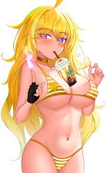 1girl 1girls big_breasts bikini bikini_bottom bikini_top blonde_hair bubble_tea bubble_tea_challenge potetoa purple_eyes rwby solo solo_female thin_waist white_background yang_xiao_long