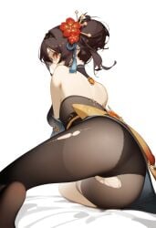 ai_generated artist_request ass bare_shoulders black_hair breasts brown_eyes cameltoe chiori_(genshin_impact) detached_sleeves female flower from_behind from_below genshin_impact hair_bun hair_flower hair_ornament highres japanese_clothes kimono looking_at_viewer looking_back looking_down medium_breasts panties panties_under_pantyhose pantyhose short_kimono sideboob solo torn_clothes torn_pantyhose underwear