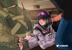 1girls 2boys bent_over cum cum_inside ela_(rainbow_six) green_hair headphones rainbow_six rainbow_six_siege tachanka_(rainbow_six) tagme