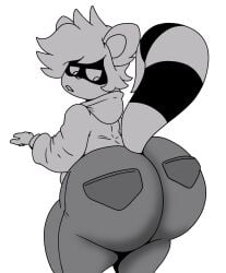 anthro big_ass biting_lip femboy greyscale huge_ass humanoid jeans kevin_cho_(wonsp) non-human raccoon shortstack tail white_background