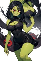 1female 1girls ai_generated banjo-kazooie big_breasts black_dress black_hair busty evil evil_grin female female_focus female_only fuck_you game_over game_over_gruntilda green_skin gruntilda gruntilda_winkybunion perfect_body red_eyes villainess wide_hips witch