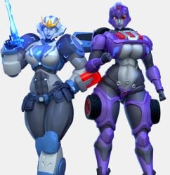 2girls abs big_breasts breasts female multiple_girls purple_body robot_girl shadowstriker strongarm_(transformers) thick_thighs thighs toned_legs transformers transformers_cyberverse transformers_legacy transformers_robots_in_disguise_(2015) trawert