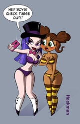 bee blush bowtie bra bumblebee_(dc) busty chocolate_and_vanilla cleavage clothing dark_skin dc dc_comics dc_super_hero_girls electronics embarrassed female hackman heels human karen_beecher_(shg) magician pale_skin phone taking_picture thighs top_hat underwear zatanna zee_zatara