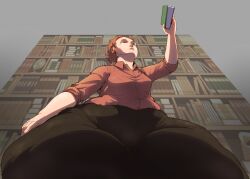 1girls book bookshelf bottom_heavy cantankeravian edie_(cantankerous_avian) female huge_thighs light-skinned_female light_skin red_hair thick_thighs thighs worm's-eye_view