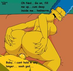 creampie cum_in_pussy cum_inside english_text fjm from_behind marge_simpson ned_flanders partial_male tagme text the_simpsons vaginal_penetration