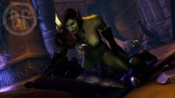 2023 3d 3d_(artwork) artist_logo axe breasts brother_fuzzman brown_hair elf elf_male female female_orc femdom green_skin indoors male male/female nightborne nipples orc orc_(warcraft) orc_female partially_clothed partially_nude purple_skin tusks warcraft weapons world_of_warcraft