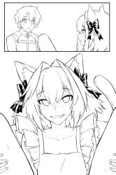 apron apron_only astolfo_(fate) blush cat_ears cat_tail embarrassed excited fate_(series) femboy flushed flustered haraya kenonomimi naked_apron naughty_face oerba_yun_fang pink_eyes pink_hair ribbon ribbons skin_fang smile sweat sweatdrop