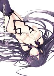 almost_naked bare_arms bare_belly bare_shoulders belly_button blush breasts colored date_a_live embarrassed garter_belt garter_straps hands_covering_breasts long_hair novel_illustration official_art open_mouth purple_hair thighhighs thighs tsunako yatogami_tenka yatogami_tohka