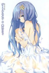 ass ass_visible_through_clothes bare_back bare_shoulders big_breasts blue_hair colored date_a_live embarrassed feet hair_ornament hands_covering_breasts izayoi_miku long_hair novel_illustration official_art open_mouth thighs transparent_clothing tsunako