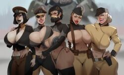 2d 2d_(artwork) 5girls ass bethesda_softworks big_ass big_breasts bimbo bimbo_lips black_hair blonde blonde_hair blue_eyes breasts brown_hair brunette brunette_hair busty cleavage enclave eyepatch fallout fallout_76 female hourglass_figure lipstick military military_uniform multiple_girls pressing_breasts_together red_eyes thick_thighs thong tortuga uniform wide_hips