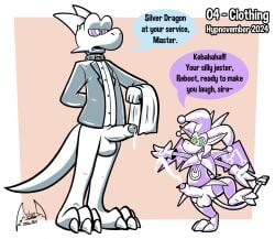 2024 3_toes anthro biped bodily_fluids bottomless brainwashing butler butler_outfit claws clothed clothing collar control_collar cum cumshot dialogue digit_ring digital_media_(artwork) dragon duo ejaculation english_text erection feet fool's_hat foreskin genital_fluids genitals gloves handwear hat headgear headwear hi_res horn hypnosis hypnovember2024 imp jester jester_outfit jewelry latex latex_clothing latex_handwear latex_topwear leaking_cum male mind_control mythological_creature mythological_scalie mythology open_mouth open_smile penis power_symbol reboot_(soul-silver-dragon) ring ringed_eyes scalie sharp_teeth signature silly size_difference smile soul-silver-dragon soul-silver-dragon_(character) speech_bubble standing suit_and_tie teeth text toe_claws toe_ring toes tongue tongue_out toony topwear usb_tail wings