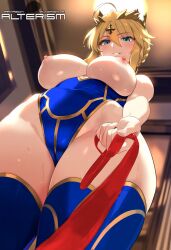 1girls ai_generated alterism artoria_pendragon artoria_pendragon_(lancer) bedroom big_breasts blonde_hair braid busty cameltoe covered_navel crown curvaceous curvy curvy_figure evil_grin fate/grand_order fate_(series) female_focus femdom from_below green_eyes groin hair_ornament highleg_leotard hourglass_figure huge_breasts indoors large_breasts leash leash_pull leotard light-skinned_female light_skin looking_at_viewer looking_down narrow_waist nipples shiny_clothes shiny_skin skindentation thick_thighs thighhighs topless wide_hips