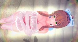 3d aura belly_button bow brunette_hair cleavage collarbone doki_doki_literature_club eyebrows_visible_through_hair female_only green_eyes hand_under_breasts koikatsu light_blush looking looking_away mashirosolera medium_breasts miniskirt monika_(doki_doki_literature_club) outdoors ponytail see-through_clothing thick_thighs viewed_from_above white_armwear white_bow white_legwear