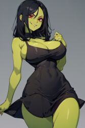 1female 1girls ai_generated banjo-kazooie big_breasts black_dress black_hair busty child_bearing_hips evil evil_eyes evil_grin evil_smile female female_focus female_only game_over_gruntilda green_skin gruntilda gruntilda_winkybunion medium_hair minidress perfect_body red_eyes seductive thick_thighs video_game_character video_game_franchise video_games villainess wide_hips witch