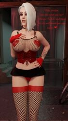 3d alley ashe_(overwatch) blender caption corset dustedfountain eye_shadow female fingerless_gloves fishnet fishnet_legwear fishnets hooker looking_at_viewer miniskirt overwatch overwatch_2 pasties propositioning prostitution standing stockings thighhighs