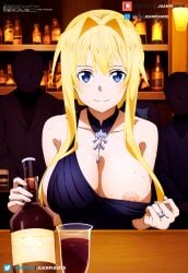 ai_generated alice_schuberg black_dress blue_eyes collar dinner juanpi_amvs long_hair nipples patreon patreon_username restaurant sword_art_online watermark wine yellow_hair