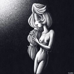 2d 2d_(artwork) artistic_nude artistic_nudity charlie_morningstar_(hazbin_hotel) closed_eyes demon demon_girl hazbin_hotel lighting long_braid long_hair monochrome nonsexual_nudity pencil_(artwork) petite pubic_hair shaded shadow sketch small_breasts soft_shading tasteful_nudity vivienne_medrano zealotiv