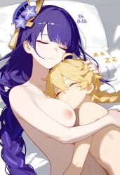 1boy 1girls aether_(genshin_impact) ai_generated bed bedroom cuddle cuddling cute holding long_hair mihoyo naked pleasure_face purple_hair raiden_shogun sex sleeping sleeping_on_person straight taller_girl unknown_artist