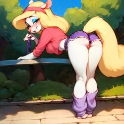 1girls ai_generated animaniacs anthro blonde_hair blonde_tail blue_eyes blush breasts clothed clothing female female_only furry hotpants looking_at_viewer minerva_mink mink mustelid pov pussy smile warner_brothers