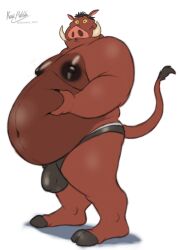 anthro anthrofied belly big_belly biped bulge clothed clothing detailed_bulge disney genital_outline hi_res huge_belly husky2paws kaiipwilde_(artist) male male_only mammal navel nipples obese obese_anthro obese_male overweight overweight_anthro overweight_male penis_outline pumbaa simple_background solo suid suina tail the_lion_king tusks warthog white_background