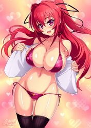 ass_visible_through_thighs bikini blush choker cleavage demon_girl erect_nipples_under_clothes female heart high_resolution jacket large_breasts looking_at_viewer midriff naruse_mio red_eyes red_hair shinmai_maou_no_testament smile stomach string_bikini swimsuit thighhighs thighs twintails