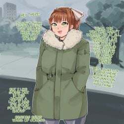 1female 1girls big_bow bow box_chan coat cold cute doki_doki_literature_club english_text female female_only girl green_coat green_eyes hair_bow hair_intakes hairbow lips long_hair monika_(doki_doki_literature_club) not_porn safe safe_for_work sfw smile solo_female solo_focus text white_bow white_hair_bow wholesome