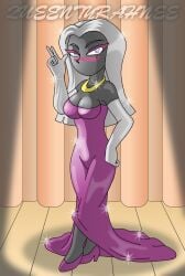 alien alien_girl alien_humanoid duck_dodgers facial_mark looney_tunes martian martian_(duck_dodgers) purple_dress purple_eyes queen_tyr'ahnee sleeve_gloves spotlight stage stage_curtains warner_brothers white_gloves x^j^kny