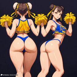 1girls ai_generated bikini breasts brown_hair capcom cheerleader chun-li cleavage clothing female female_only large_breasts light-skinned_female light_skin remicorner street_fighter thick_thighs twin_buns wide_hips