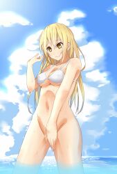 1girls bikini blonde_female blonde_hair bottomless bra covering_crotch cute cute_girl dumny female female_only kawaii long_hair no_panties sea shokuhou_misaki slim_girl sparkling_eyes teenage_girl teenager to_aru_majutsu_no_index yellow_eyes young