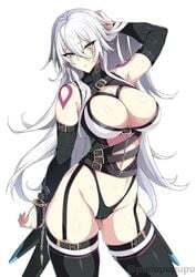 aged_up assassin_of_black big_breasts bikini breasts chains elbow_gloves fate/apocrypha fate/grand_order fate_(series) grabbing_hair gray_hair jack_the_ripper_(fate/apocrypha) long_hair looking_pleasured punopupupu repost scar sole_female tattoo thighhighs　thighs thong white_hair wide_hips zeroshiki_kouichi