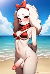 1futa ai_generated anthro beach bealce bikini_top black_nose blush fay_spaniel floppy_ears furry futa_only futanari hands_behind_back humanoid_genitalia humanoid_penis looking_at_viewer medium_breasts medium_penis navel outdoors penis pubic_tuft red_bikini_top red_ribbon red_scarf ribbon scarf sea smile solo solo_futa stable_diffusion star_fox tail testicles white_fur white_skin