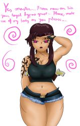 black_hair black_lagoon brainwashing female female female_focus femsub hypnosis midriff mind_control revy_(character) saluting short_shorts spiral text