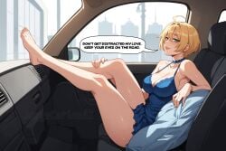 1girls ahoge ai_generated bangs bare_legs big_breasts blonde_female blonde_hair blonde_hair_female blue_dress breasts car car_interior city cityscape cleavage collar collared_dress dress earrings english english_dialogue english_text feet feet_up female female_focus female_only foot_fetish girl gold_(metal) gold_jewelry green_eyes jorgecarlosai legs light-skinned_female passenger short_hair speech_bubble tagme text thick_thighs thighs toes white_body white_skin