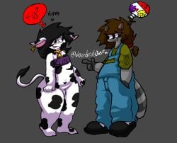 anthro big_thighs bovine bra canon_couple clovedex_(artist) clover_(clovedex) cow_bell cow_ears cow_tail erick_(clovedex) femboy furry_clover_(clovedex) furry_erick_(clovedex) furry_only gay heart horny horny_male little_penis no_bra no_pants no_underwear partially_clothed partially_nude pierced_ears piercing print_bra raccoon small_penis text_on_bra thick_thighs