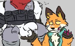 anthro ball_grab balls bear bodily_fluids breath canid canine clothing cum duo epic_games fennix_(fortnite) fortnite fox fur genital_fluids genitals green_clothing holding_penis kayne0744 male male/male male_only mammal oral orange_body orange_fur penis polar_bear polar_patroller smile smiling_at_viewer smirk smirking_at_viewer spikes spread_legs spreading suit tongue tongue_out ursine white_body white_fur yellow_eyes