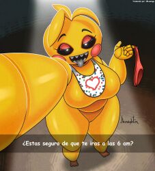 absurd_res bib big_breasts breasts clothing female five_nights_at_freddy's five_nights_at_freddy's_2 genitals hi_res holding_clothing holding_object holding_panties holding_underwear jhenightfox lowiugu machine panties pussy robot scottgames solo thick_thighs tongue tongue_out toy_chica_(fnaf) translation_request underwear vagina video_games