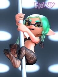 3d blowtayy bra feet feet_up flewdy green_hair inkling inkling_girl panties splatoon splatoon_2 splatoon_3 stockings stripper_pole