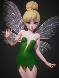 3d bare_shoulders big_eyes blonde_hair blue_eyes disney dress eyelashes fairy fairy_wings female green_dress hair_bun hair_tie honey_select honey_select_2 inmortal legs leotard_peek light-skinned_female light_skin lips lipstick looking_at_viewer micro microdress minigirl panty_peek peter_pan_(disney) pointy_ears red_lips red_lipstick small_breasts strapless_dress tinker_bell v-neck wings